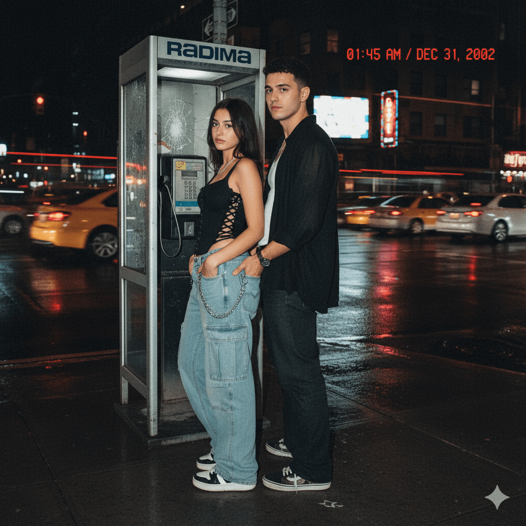 Stylish young couple in Y2K streetwear posing by a vintage payphone on a rainy city street at night with neon lights and moving traffic