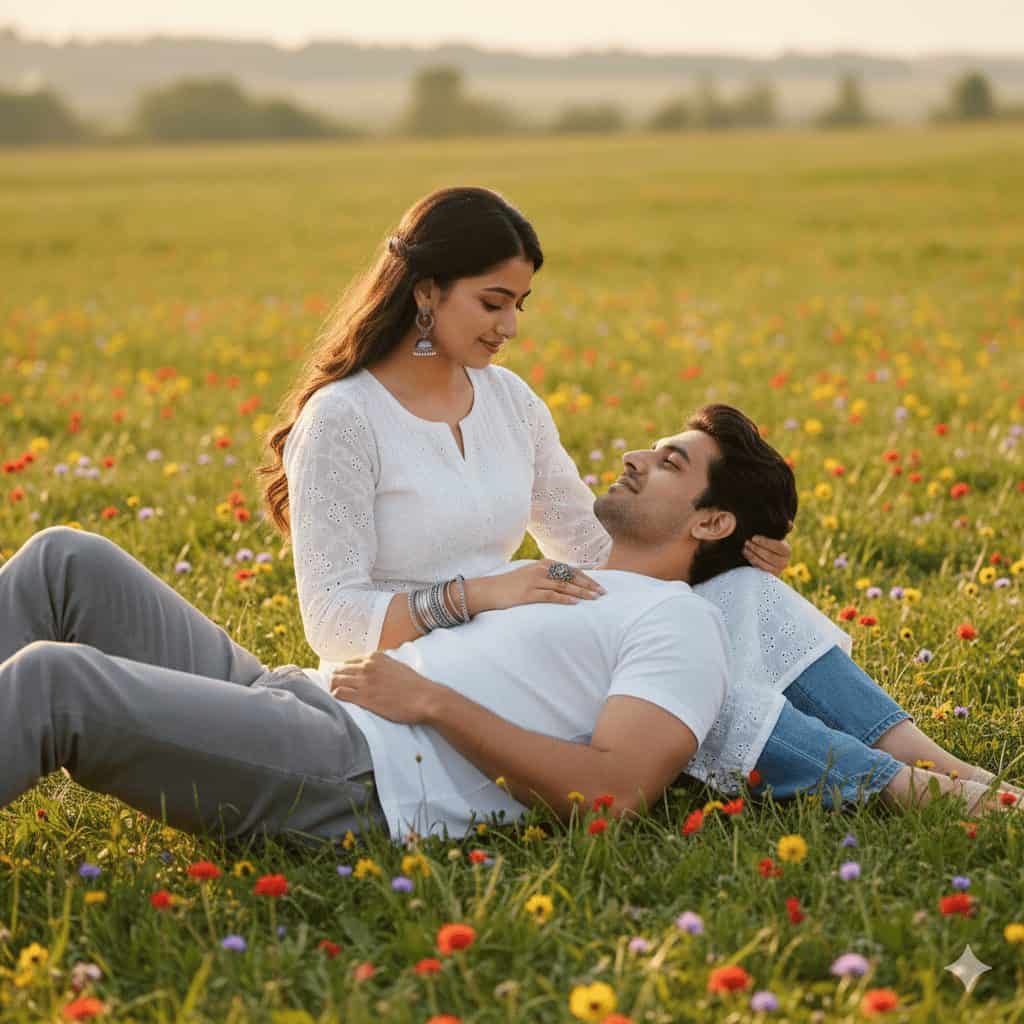 Smiling couple relaxing in a colorful wildflower meadow at sunset, woman in white embroidered kurta and silver jewelry sitting beside her partner in casual white t-shirt and grey pants, sharing a quiet romantic moment
