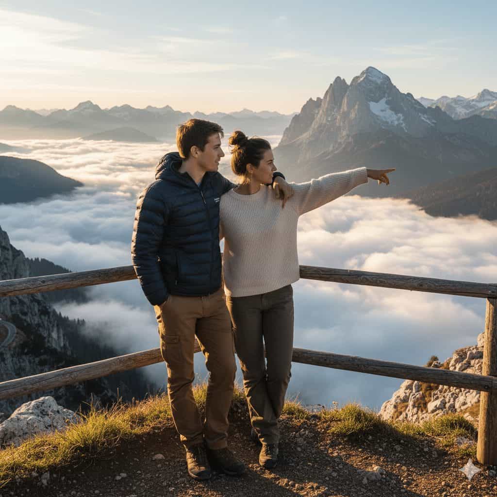 Couple standing on mountain viewpoint above clouds at sunrise, woman pointing towards distant alpine peaks with scenic valley and wooden fence foreground