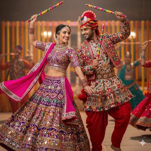 Happy Indian couple dancing Garba with colorful dandiya sticks in traditional embroidered outfits during Navratri festival celebration with festive lights and decorBehind them, the warm glow of festive lights and fellow dancers in traditional costumes create an atmosphere of community, culture, and celebration. Ideal for cultural festival promotions, travel blogs, ethnic fashion campaigns, lifestyle magazines, and social media content, this image highlights Gujarati folk dance heritage, Indian festive fashion, and the joy of Navratri dandiya nights.
