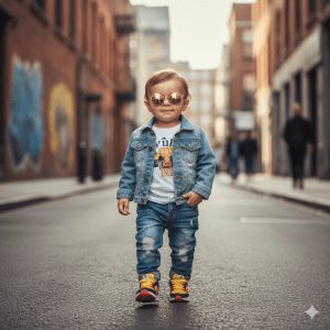 Stylish toddler boy walking confidently down a deserted urban alley in a full denim outfit, including a denim jacket and distressed jeans, a graphic t-shirt, yellow and red sneakers, and mirrored gold aviator sunglasses.