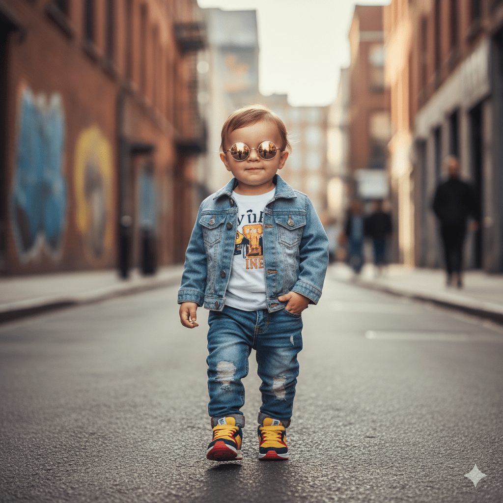 Stylish toddler boy walking confidently down a deserted urban alley in a full denim outfit, including a denim jacket and distressed jeans, a graphic t-shirt, yellow and red sneakers, and mirrored gold aviator sunglasses.