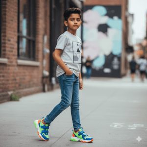 A stylish young boy with dark hair and South Asian features, wearing a gray graphic t-shirt, skinny blue jeans, and vibrant neon blue and green chunky sneakers, walking confidently on an urban sidewalk.