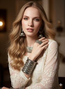 Graceful woman wearing embroidered ivory outfit with intricate silver oxidized jewelry including bangles, ring, necklace and jhumka earrings, posing indoors under warm soft light