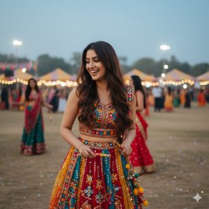 Smiling young woman in colorful mirror-work lehenga enjoying Navratri Garba festival outdoors with festive lights and dancers in the background