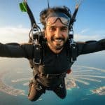 Smiling man skydiving high above Palm Jumeirah in Dubai wearing black jumpsuit and goggles, with stunning aerial view of blue ocean and man-made island below