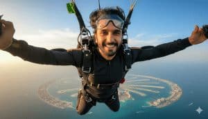 Smiling man skydiving high above Palm Jumeirah in Dubai wearing black jumpsuit and goggles, with stunning aerial view of blue ocean and man-made island below