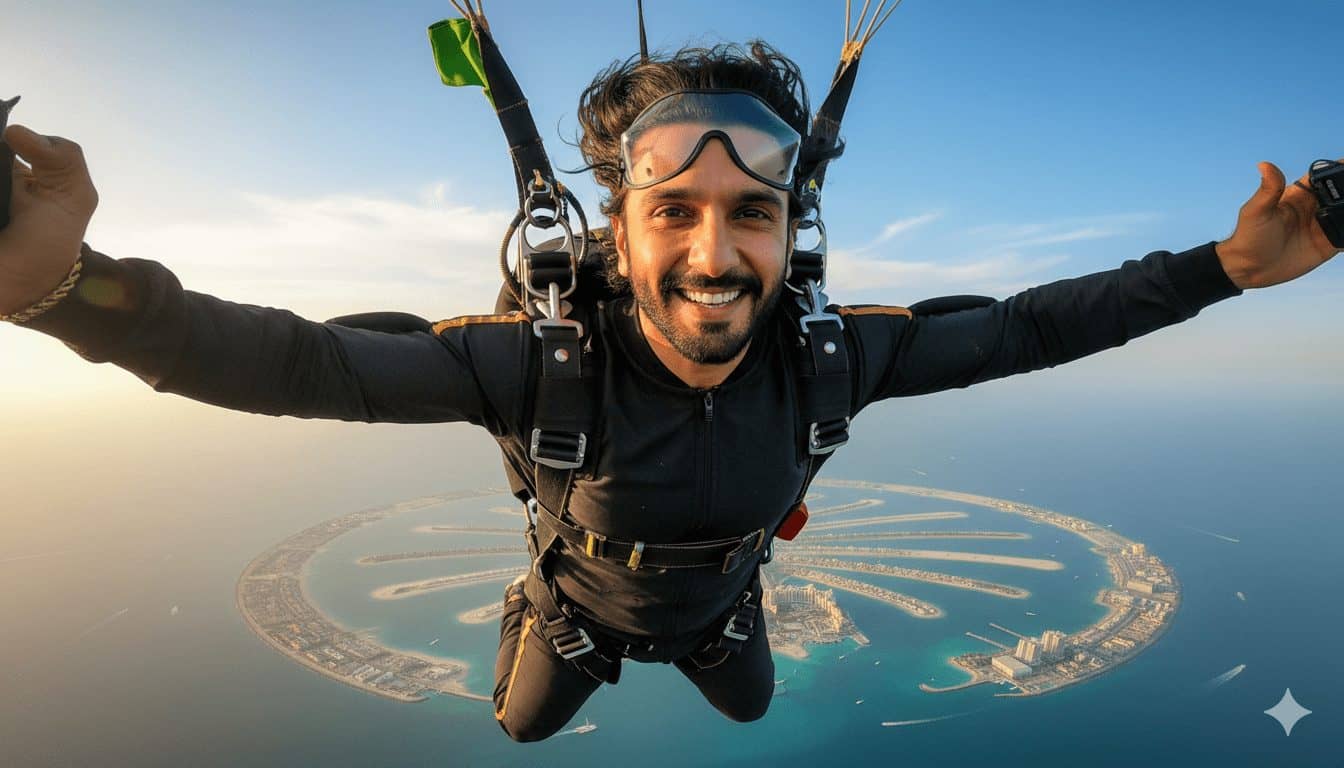 Smiling man skydiving high above Palm Jumeirah in Dubai wearing black jumpsuit and goggles, with stunning aerial view of blue ocean and man-made island below