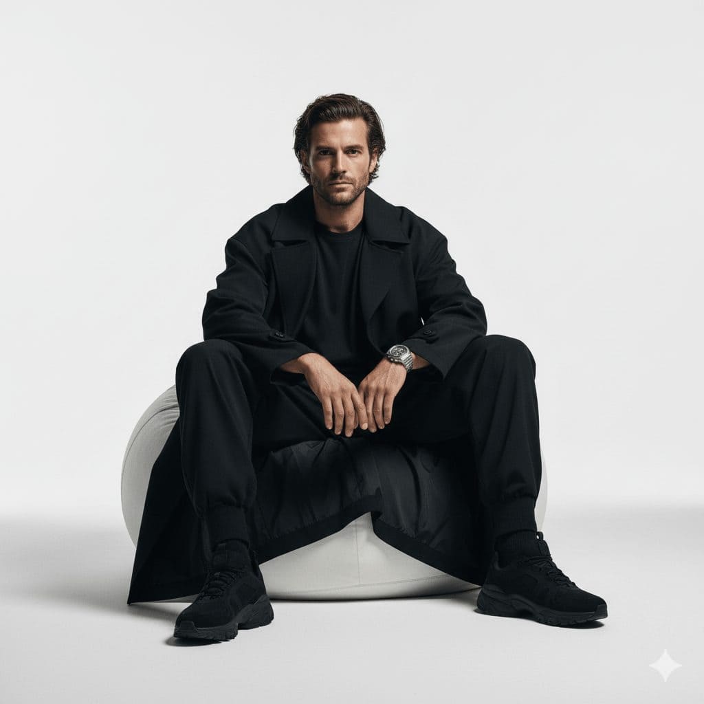 Confident man in sleek black streetwear and luxury watch sitting on a white beanbag in a minimalist studio fashion portrait