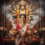 Elegant woman in white and red Bengali saree performing traditional dhunuchi dance with incense smoke during Durga Puja in front of a beautifully decorated goddess Durga idol