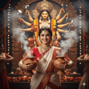 Elegant woman in white and red Bengali saree performing traditional dhunuchi dance with incense smoke during Durga Puja in front of a beautifully decorated goddess Durga idol