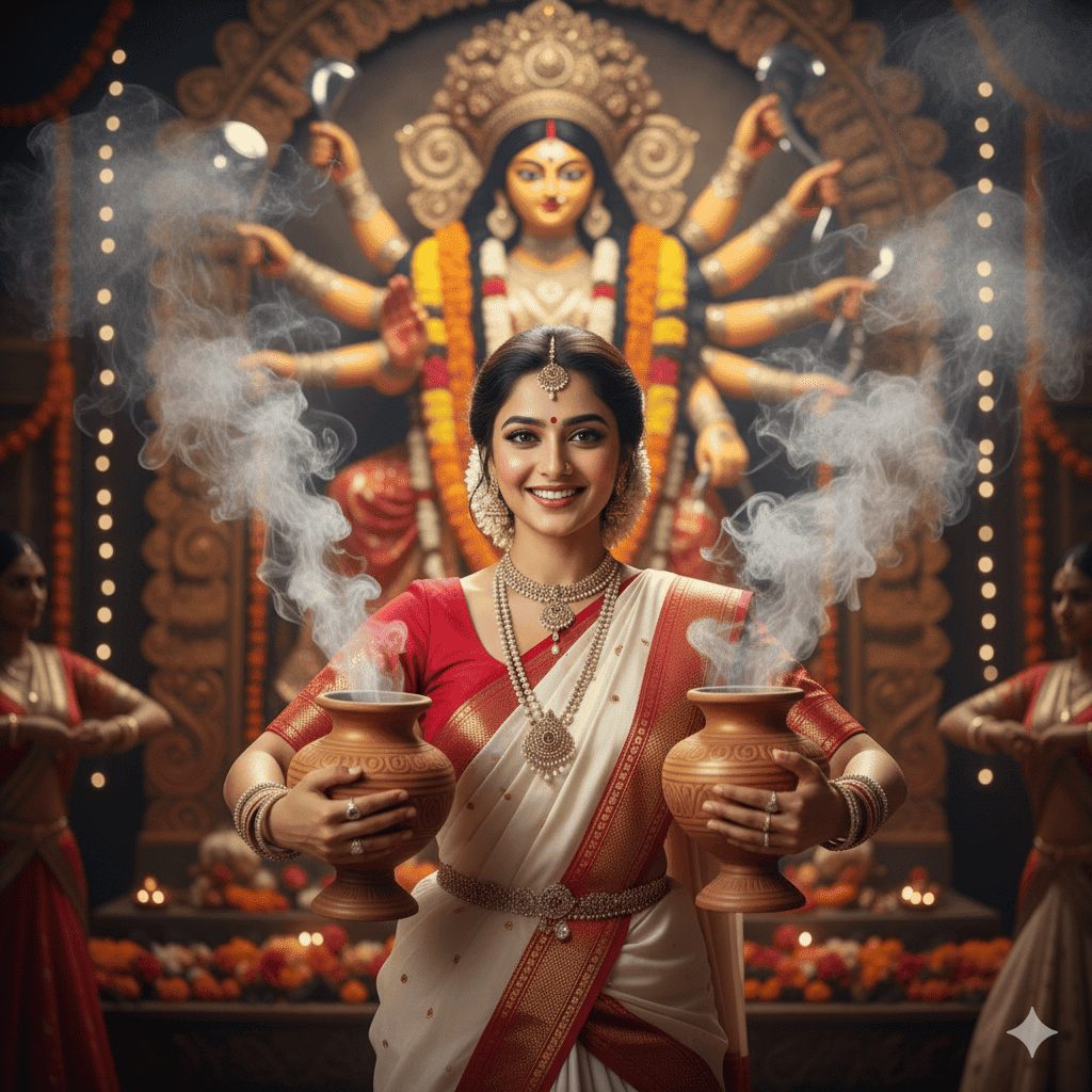 Elegant woman in white and red Bengali saree performing traditional dhunuchi dance with incense smoke during Durga Puja in front of a beautifully decorated goddess Durga idol