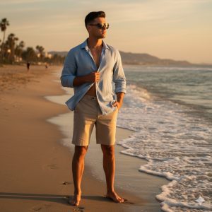 This high-resolution photograph captures modern coastal menswear at its best. A stylish young man stands barefoot on a sandy beach at sunset, wearing a light blue linen shirt and tailored khaki shorts, while gentle ocean waves and distant palm trees frame the scene. Ideal for fashion blogs, summer clothing brands, travel and lifestyle sites, or social media campaigns, the image conveys relaxed elegance, summer vacation vibes, and timeless seaside charm. Fashionable man in light blue linen shirt and khaki shorts standing barefoot on sandy beach at sunset with ocean waves and palm trees in background