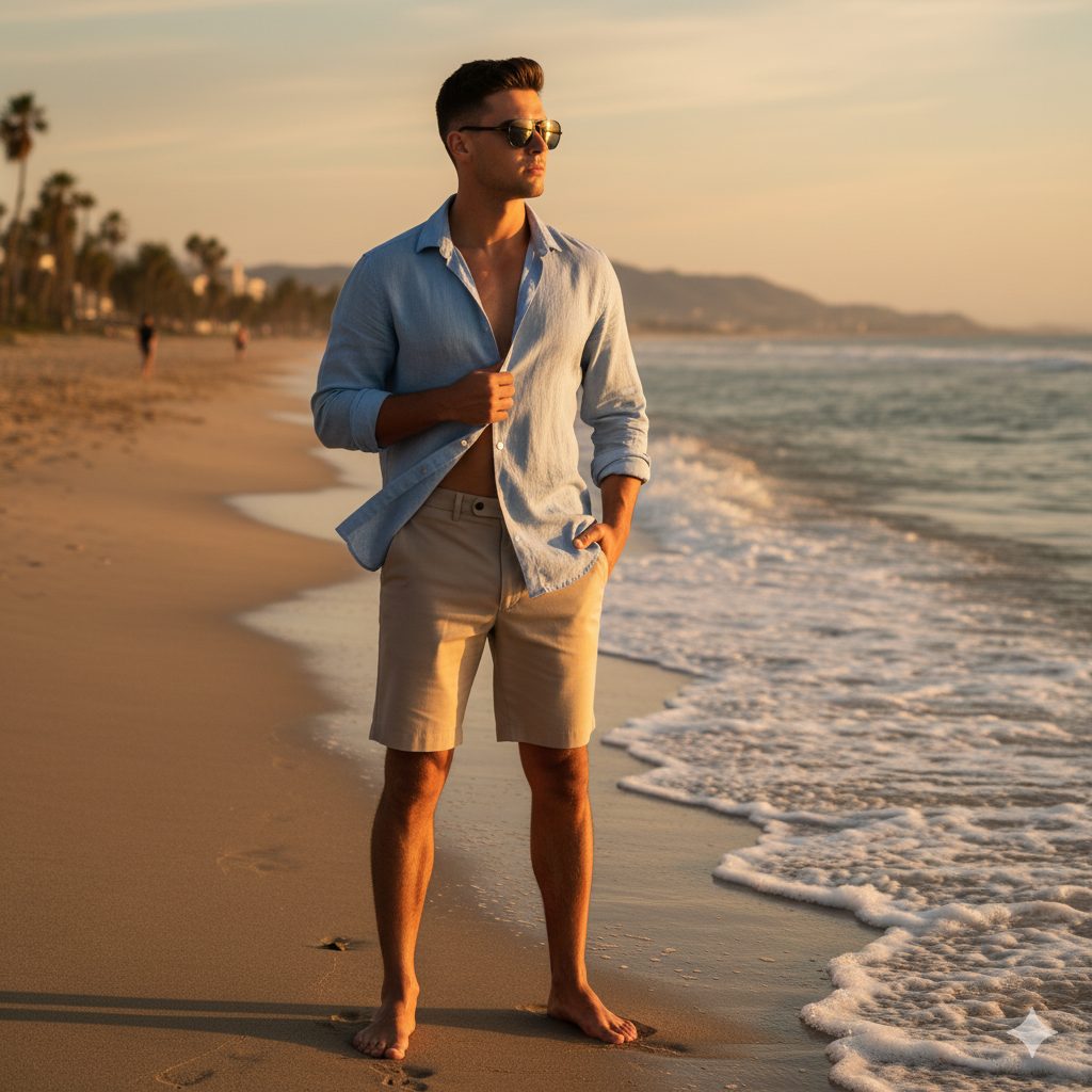 This high-resolution photograph captures modern coastal menswear at its best. A stylish young man stands barefoot on a sandy beach at sunset, wearing a light blue linen shirt and tailored khaki shorts, while gentle ocean waves and distant palm trees frame the scene. Ideal for fashion blogs, summer clothing brands, travel and lifestyle sites, or social media campaigns, the image conveys relaxed elegance, summer vacation vibes, and timeless seaside charm. Fashionable man in light blue linen shirt and khaki shorts standing barefoot on sandy beach at sunset with ocean waves and palm trees in background