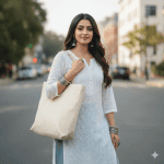 Stylish young woman in white embroidered chikankari kurta carrying a beige tote bag and wearing oxidized silver jewelry while walking along a city street on a pleasant day