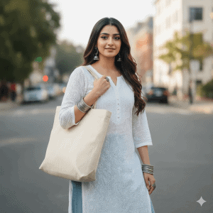 Stylish young woman in white embroidered chikankari kurta carrying a beige tote bag and wearing oxidized silver jewelry while walking along a city street on a pleasant day