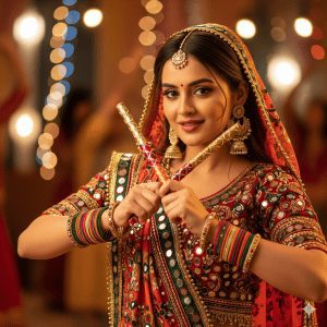 Beautiful young woman in red and green embellished lehenga choli smiling and holding colorful dandiya sticks during Navratri Garba festival with festive lights in background