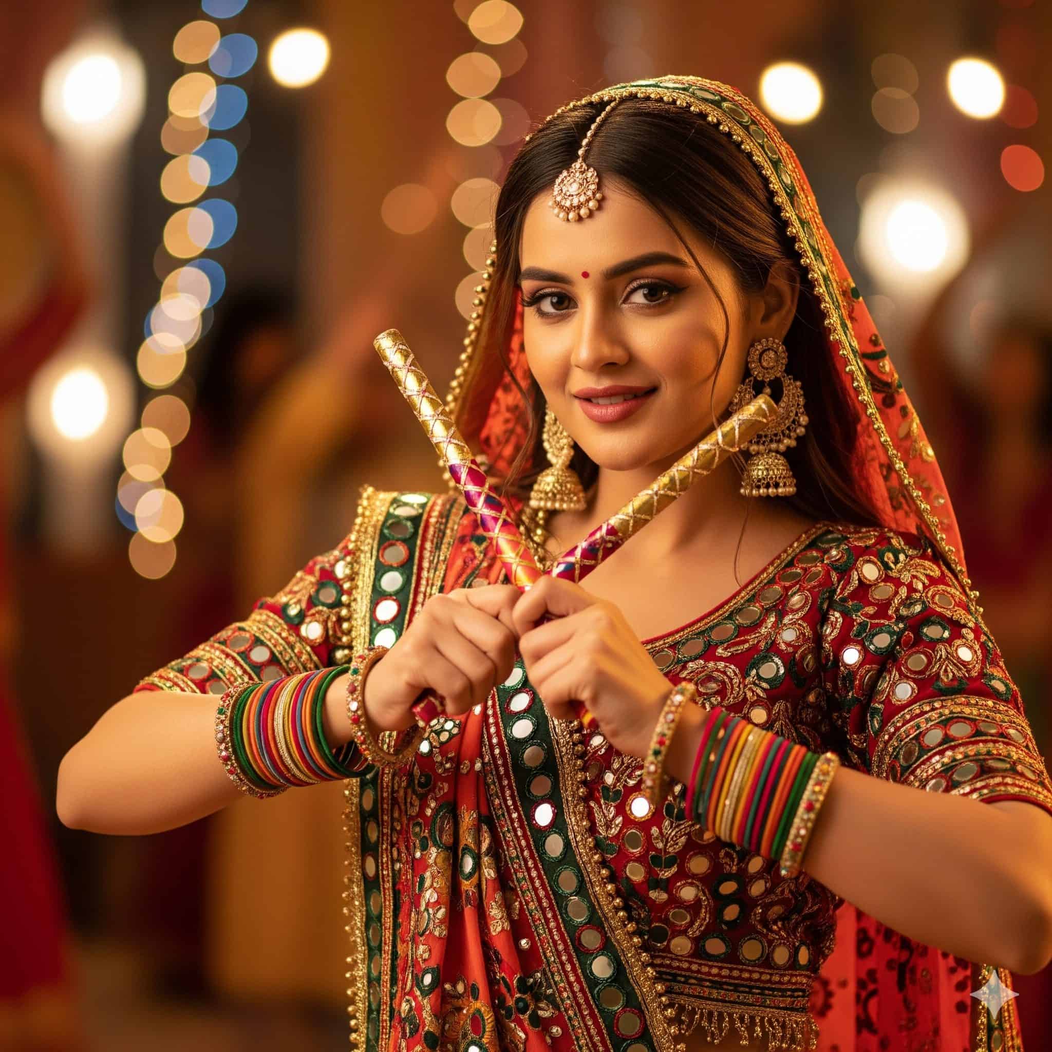 Beautiful young woman in red and green embellished lehenga choli smiling and holding colorful dandiya sticks during Navratri Garba festival with festive lights in background