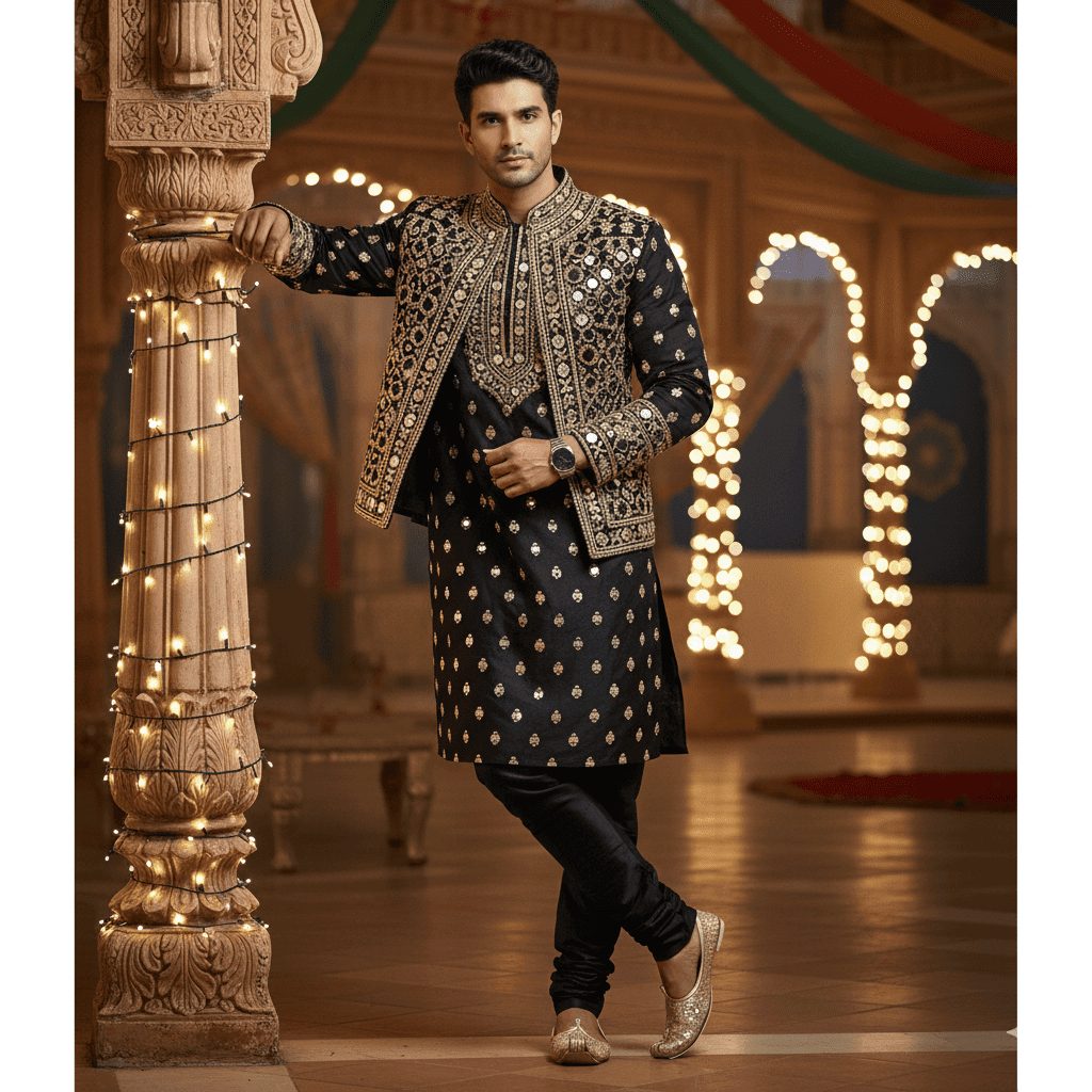 A handsome, laughing man with a modern haircut, wearing a burgundy velvet blazer, stands next to a vintage cream-colored convertible car, holding a large, colorful bouquet of roses and lilies.