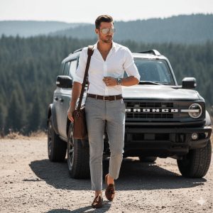A man wearing an orange life vest and black shorts is actively wakesurfing or surfing a large, powerful turquoise blue wave, with the ocean spray and beach in the background.