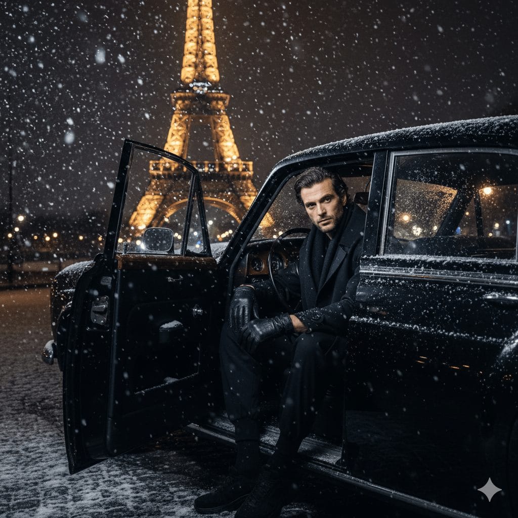 Stylish man in all-black winter outfit sitting in a classic car during snowfall with the illuminated Eiffel Tower glowing in the background, Paris at night