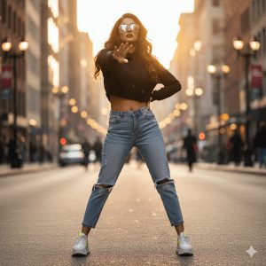 “Fierce and confident young Indian girl with modern streetwear, posing with attitude on urban background. Cropped hoodie, ripped jeans, chunky sneakers, loose wavy hair, bold expression, golden hour lighting, vibrant colors, ultra-realistic 4K photography, fashion-forward, street style inspiration.”