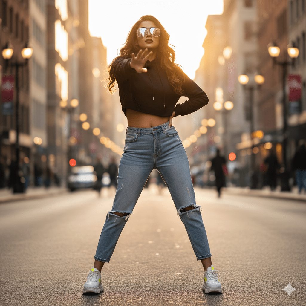 “Fierce and confident young Indian girl with modern streetwear, posing with attitude on urban background. Cropped hoodie, ripped jeans, chunky sneakers, loose wavy hair, bold expression, golden hour lighting, vibrant colors, ultra-realistic 4K photography, fashion-forward, street style inspiration.”