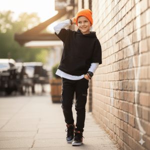 Stylish young boy smiling confidently while walking on an urban sidewalk, wearing a black oversized hoodie, black cargo pants, black sneakers with orange accents, and a bright orange knit beanie, posing next to a red brick wall in the warm afternoon light.