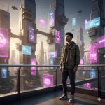 A young man wearing a green jacket, black cargo pants, and futuristic clear-rimmed glasses stands on a high-rise balcony, gazing at a stunning cyberpunk cityscape filled with towering skyscrapers and floating pink and blue holographic advertisements.