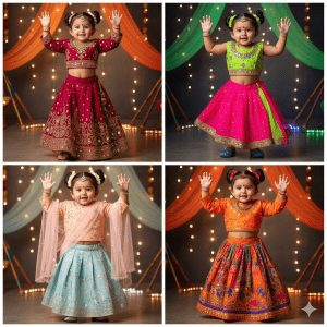 Four images of a joyful Indian toddler girl in different vibrant traditional lehenga choli outfits (maroon, pink/green, peach/blue, orange) with festive backdrops, celebrating Indian festivals.