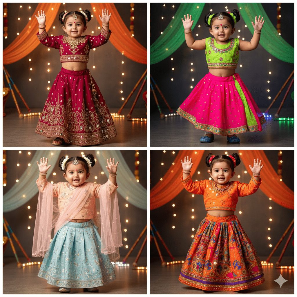 Four images of a joyful Indian toddler girl in different vibrant traditional lehenga choli outfits (maroon, pink/green, peach/blue, orange) with festive backdrops, celebrating Indian festivals.