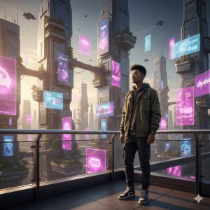 A young man wearing a green jacket, black cargo pants, and futuristic clear-rimmed glasses stands on a high-rise balcony, gazing at a stunning cyberpunk cityscape filled with towering skyscrapers and floating pink and blue holographic advertisements.