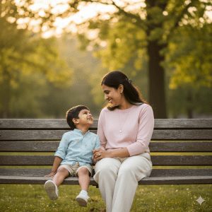 A happy Indian mother and her young son sitting on a rustic wooden park bench. The mother, wearing a pink top and cream pants, smiles at her son, who looks up at her with a joyful expression in his light blue shirt and shorts. They are in a sunlit park with blurred green trees in the background, bathed in golden hour light.
