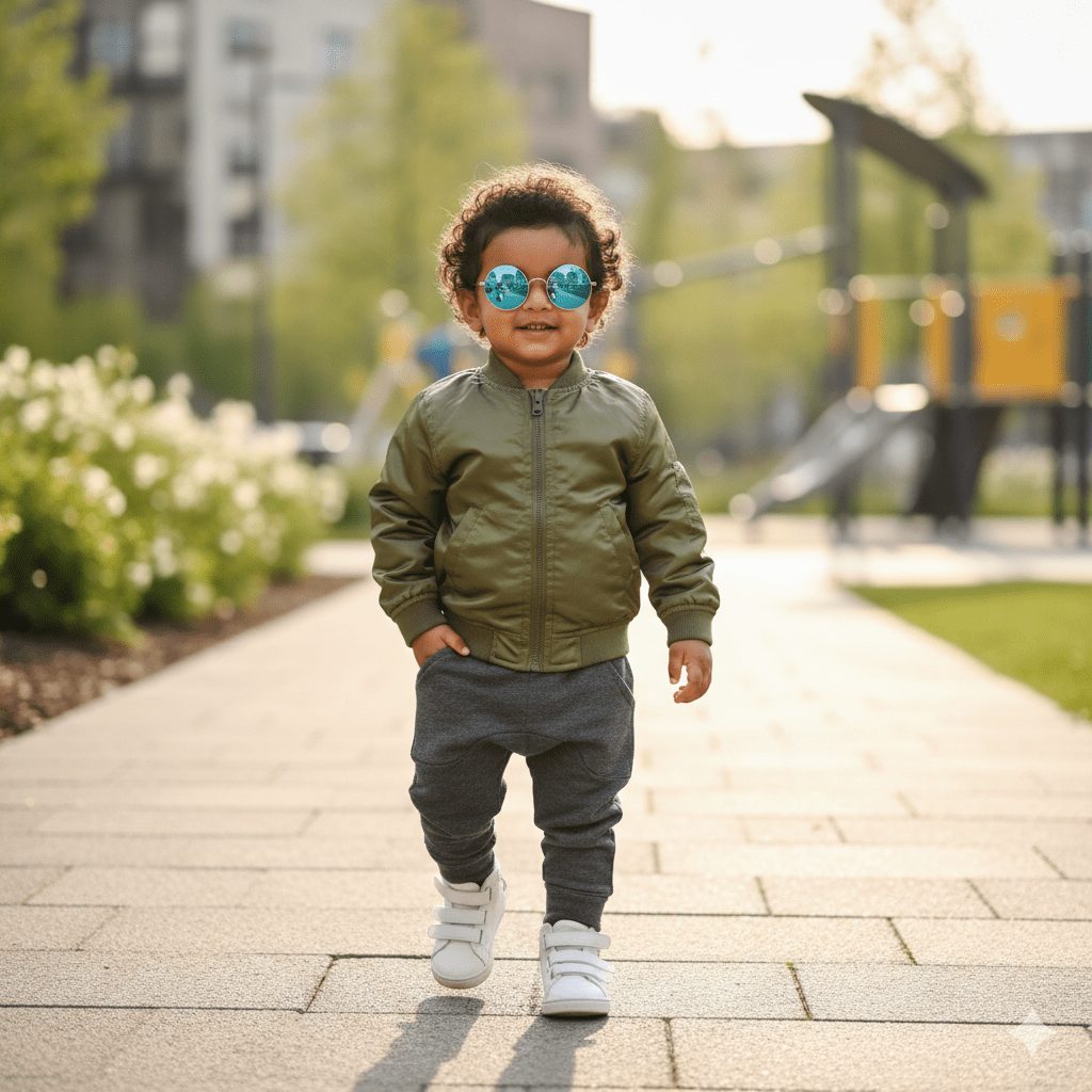 "Adorable 2-year-old Indian baby boy walking with swag in trendy casual outfit, bomber jacket, joggers, sneakers, and sunglasses – ultra-realistic 4k cute stylish baby photography."