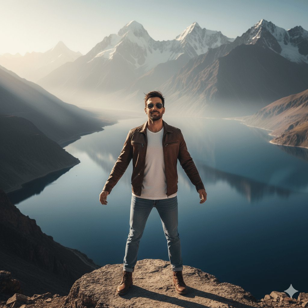 A confident man stands on a rocky mountain edge, wearing a brown leather jacket, a white t-shirt, light-wash jeans, and sunglasses, with a vast blue alpine lake and snow-capped peaks creating a majestic, sunlit backdrop.