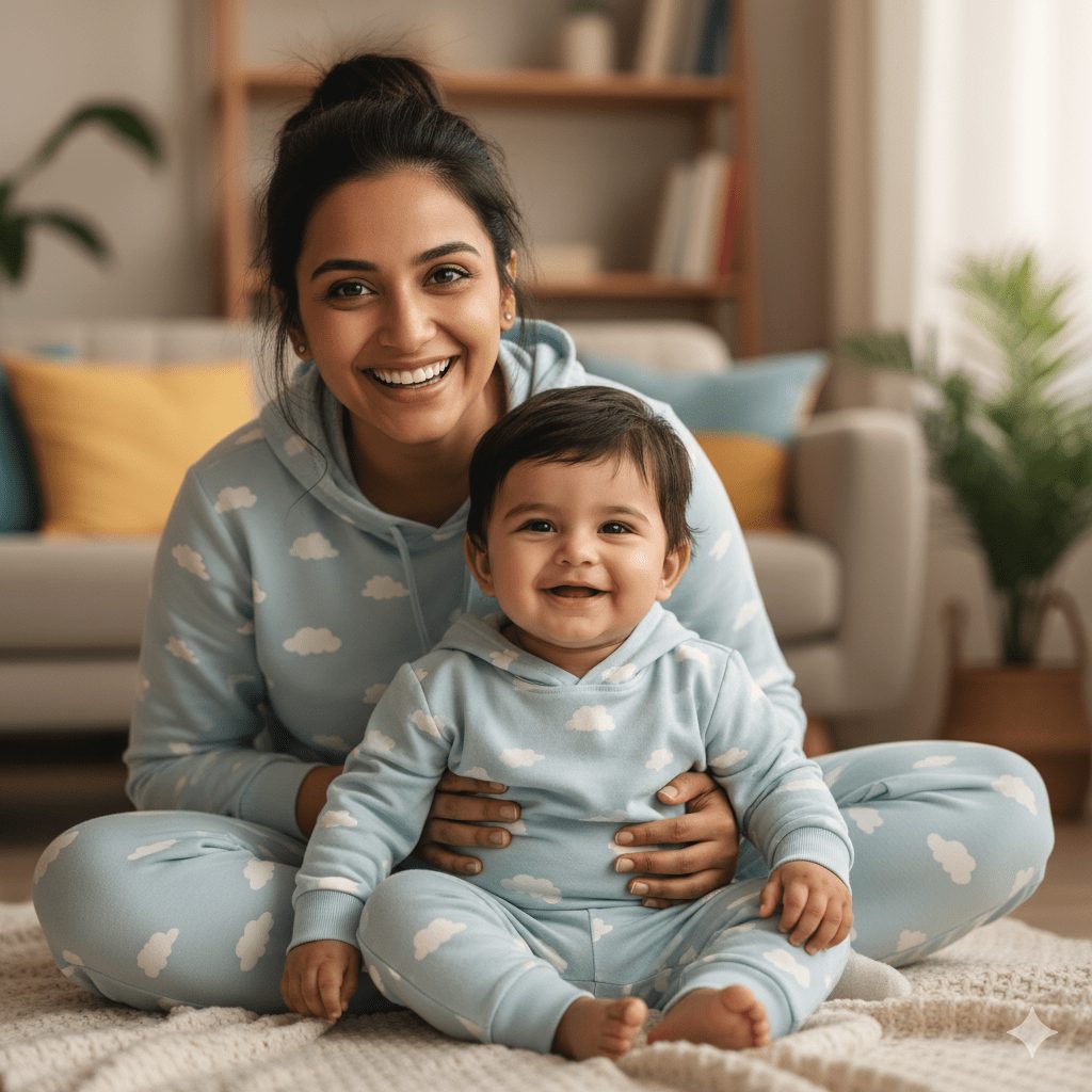 A radiant Indian mother and her baby are sitting cross-legged on a rug indoors, both wearing matching light blue loungewear sets with a white cloud print. The mother has her hair in a bun and is holding the baby, who is also smiling brightly. A cozy living room with a couch and bookshelf is visible in the background.