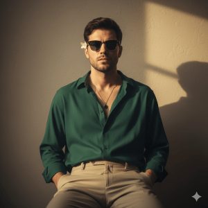 A handsome man with a flower tucked behind his ear, wearing an emerald green long-sleeve button-down shirt, tan chinos, and sunglasses, sitting against a wall with harsh sunlight creating a dramatic shadow.