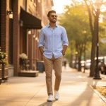 A handsome man with dark hair, wearing a light blue linen shirt, tan chinos, white sneakers, and sunglasses, walks confidently down a sunlit city sidewalk lined with trees and brick buildings during the golden hour.