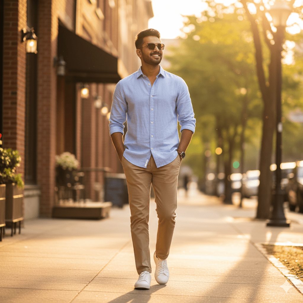 A handsome man with dark hair, wearing a light blue linen shirt, tan chinos, white sneakers, and sunglasses, walks confidently down a sunlit city sidewalk lined with trees and brick buildings during the golden hour.