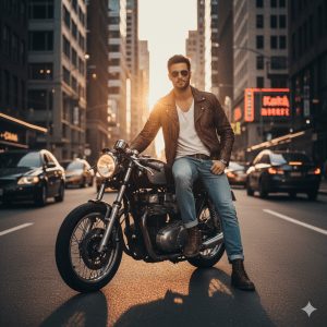 A stylish man wearing a brown leather jacket, a white t-shirt, light-wash jeans, and sunglasses sits confidently on a vintage café racer motorcycle in the middle of a busy city street, backlit by a golden hour sunset.