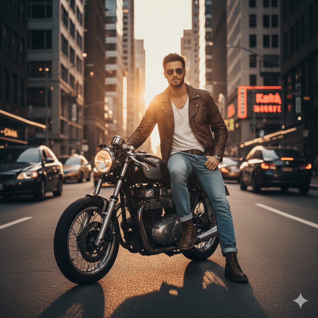 A stylish man wearing a brown leather jacket, a white t-shirt, light-wash jeans, and sunglasses sits confidently on a vintage café racer motorcycle in the middle of a busy city street, backlit by a golden hour sunset.