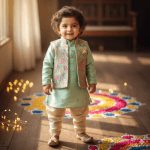 "2-year-old Indian baby boy wearing a trendy pastel mint kurta with cream dhoti pants and embroidered jacket, standing on rustic wooden floor with fairy lights and colorful rangoli patterns, smiling innocently in natural sunlight."