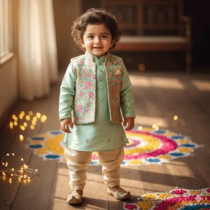 "2-year-old Indian baby boy wearing a trendy pastel mint kurta with cream dhoti pants and embroidered jacket, standing on rustic wooden floor with fairy lights and colorful rangoli patterns, smiling innocently in natural sunlight."