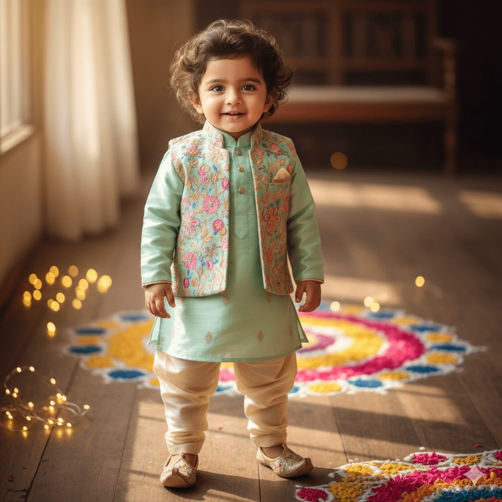"2-year-old Indian baby boy wearing a trendy pastel mint kurta with cream dhoti pants and embroidered jacket, standing on rustic wooden floor with fairy lights and colorful rangoli patterns, smiling innocently in natural sunlight."