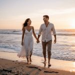 A happy couple walking barefoot and holding hands along a sandy beach shoreline at sunset, smiling at each other. The woman wears a white sundress and the man wears a white linen shirt and khaki pants.