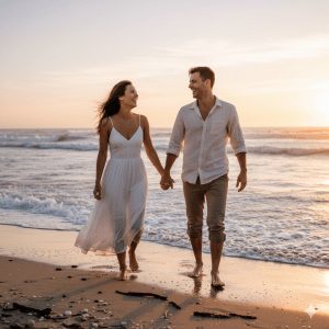 A happy couple walking barefoot and holding hands along a sandy beach shoreline at sunset, smiling at each other. The woman wears a white sundress and the man wears a white linen shirt and khaki pants.