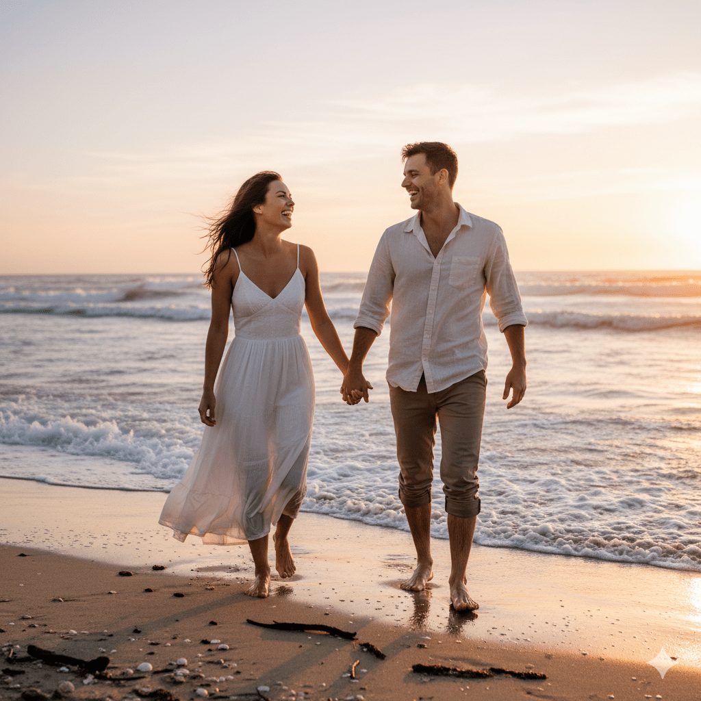 A happy couple walking barefoot and holding hands along a sandy beach shoreline at sunset, smiling at each other. The woman wears a white sundress and the man wears a white linen shirt and khaki pants.