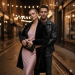 A chic couple poses intimately on a cobblestone street at night, illuminated by string lights. The woman wears a pink slip dress and a black velvet coat, while the man wears a black leather biker jacket.
