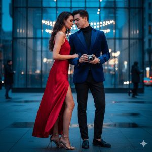 A glamorous couple standing intimately in an urban setting at night. The woman wears a sweeping red satin gown with a high slit, and the man wears a blue velvet blazer and black turtleneck, holding a vintage camera.