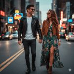 A happy stylish couple holding hands while walking down a city street at night, illuminated by neon signs. The man wears a black leather jacket and the woman wears a green floral maxi dress with a thigh slit and a brown suede jacket.